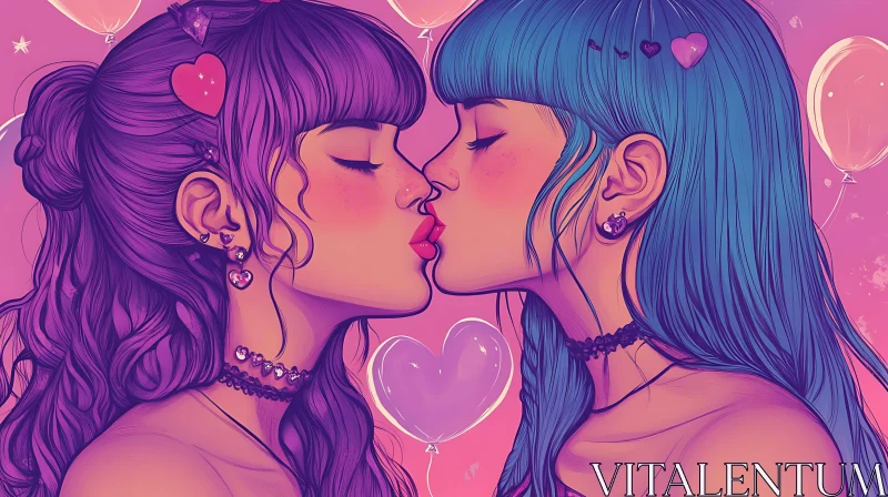 AI ART Colorful Kissing Girls Illustration