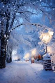 Snowy Path with Streetlights and Trees