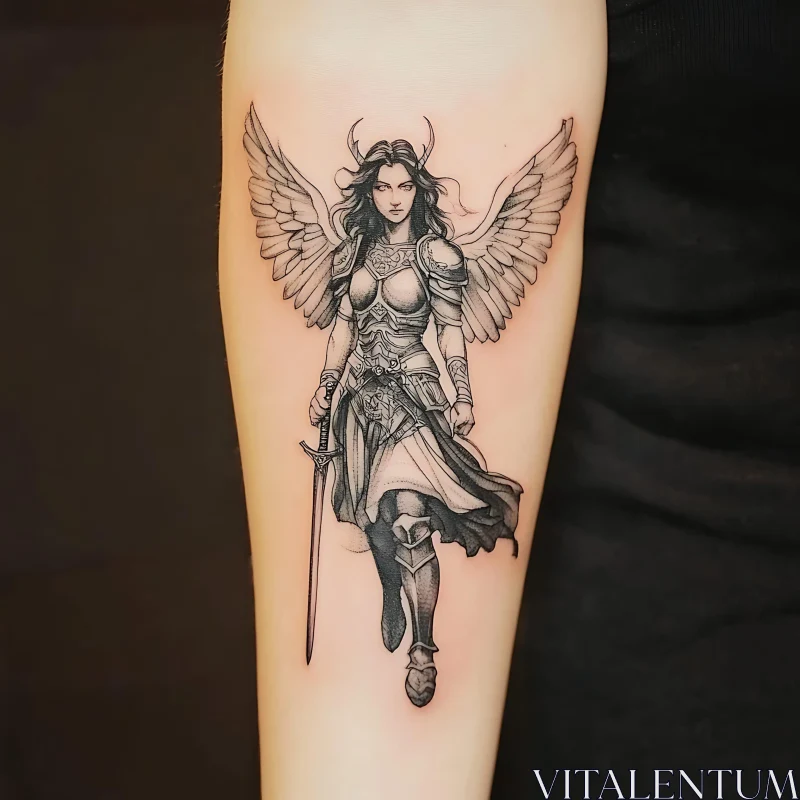 Arm Tattoo of Warrior Angel with Wings and Sword AI Image