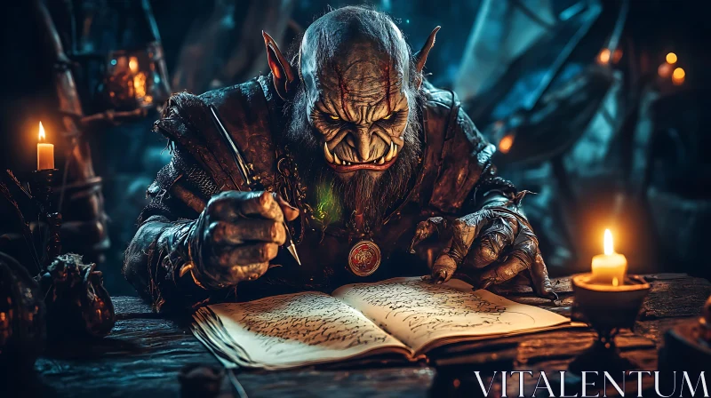 Illuminated Orc: Writing by Candlelight AI Image