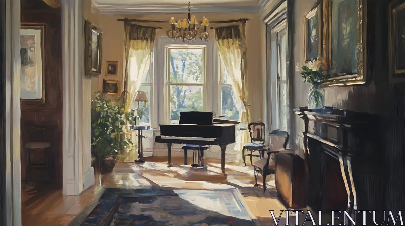 Sunlit Piano Room Interior AI Image