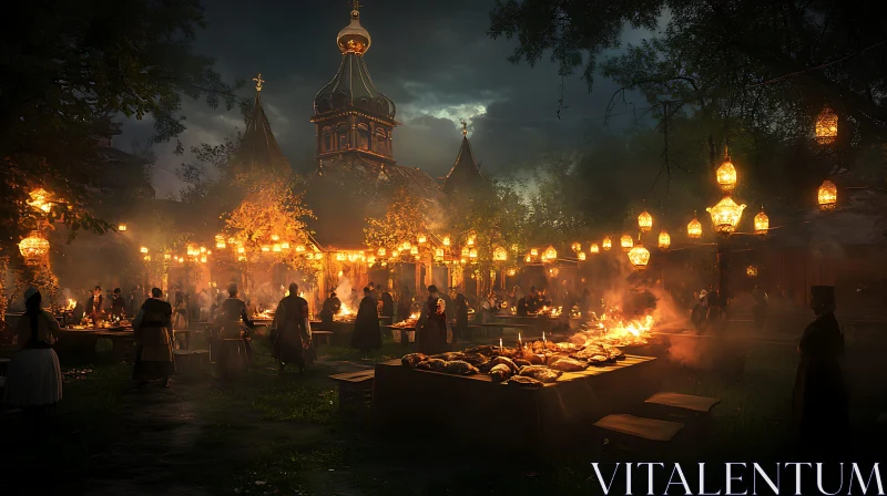 AI ART Nighttime Gathering: A Medieval Banquet Scene