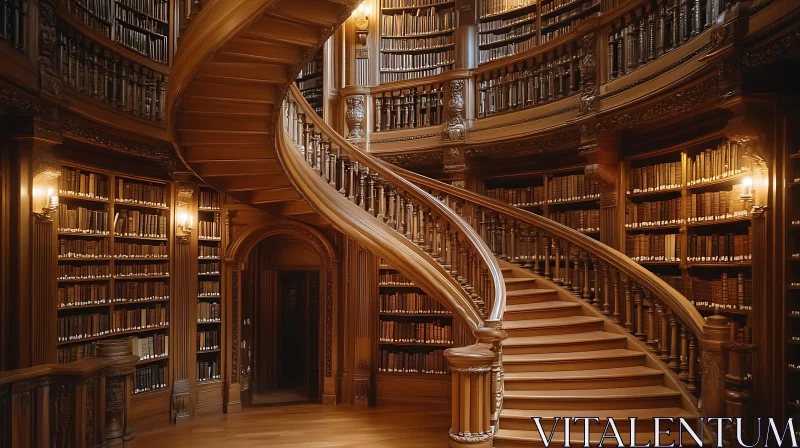 AI ART Library Interior with Winding Wooden Staircase