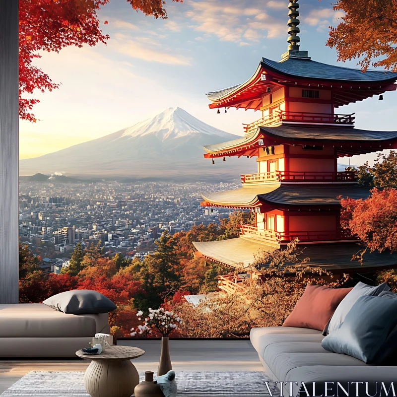 Autumn Pagoda Overlooking City and Mountain AI Image