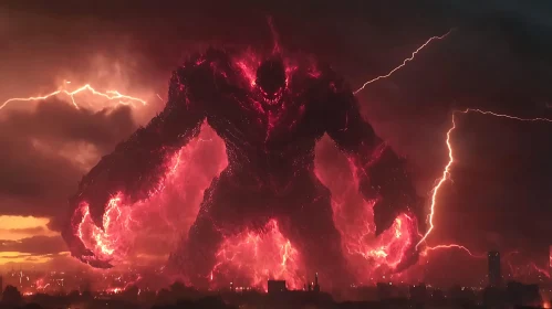 Fiery Giant Over Cityscape