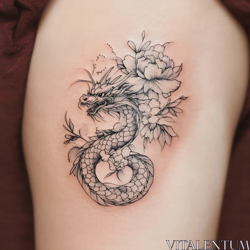 Detailed Dragon and Flower Tattoo AI Image