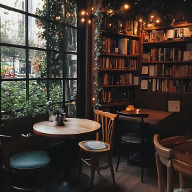 Cozy Library Cafe with Warm Lighting