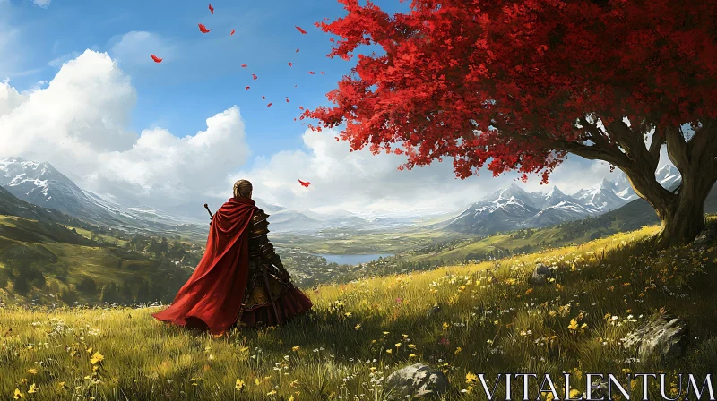 Red Tree Meadow Landscape AI Image