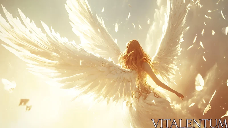 AI ART Golden Angel with Flowing Feathers