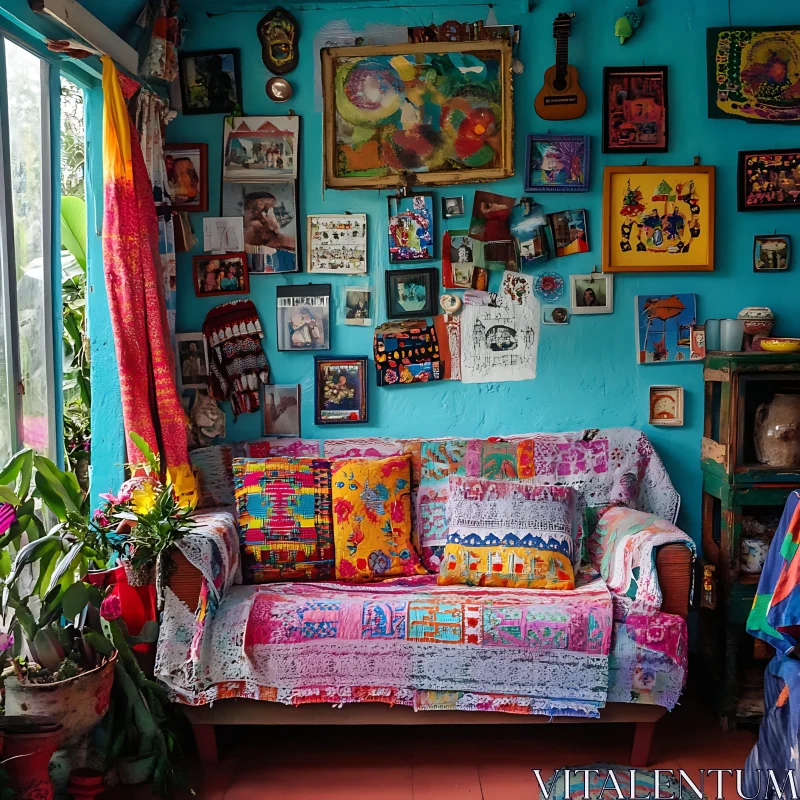 Bohemian Home Interior with Colorful Textiles AI Image