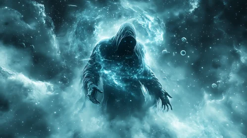 Hooded Figure in Cosmic Nebula