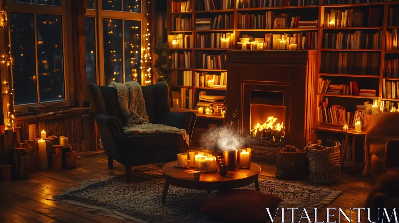 Inviting Fireplace and Books in Room AI Image