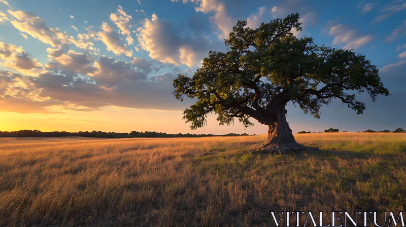 Sunset Field with Tree AI Image