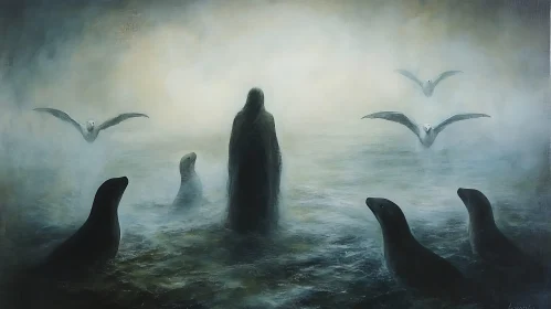 Misty Seascape with Seals and Figure