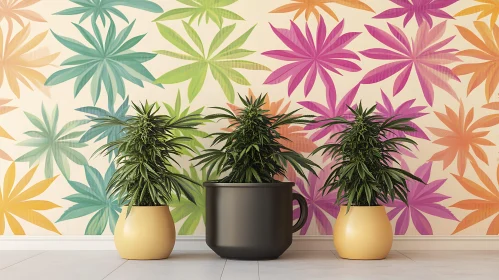 Indoor Plants with Colorful Floral Wallpaper