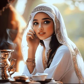 Serene Woman in White and Gold Attire