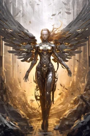 Metallic Angel in Post-Apocalyptic Landscape