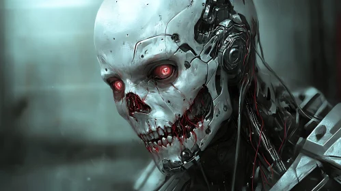 Skeletal Cyborg with Glowing Red Eyes