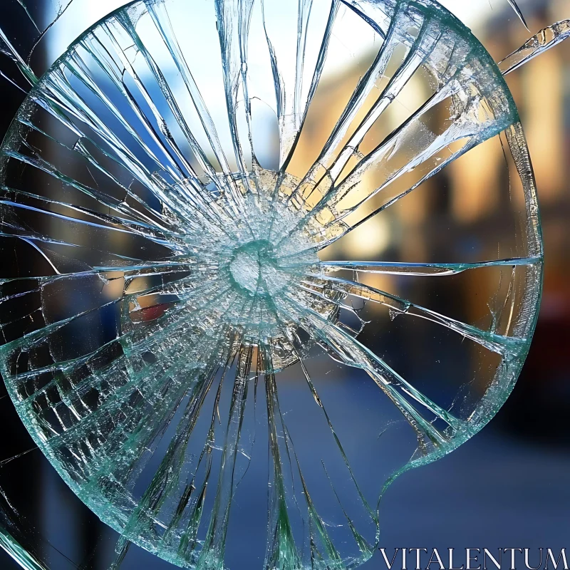 Shattered Glass in Circular Pattern with Urban Background AI Image