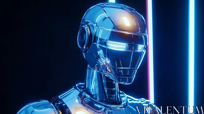 Reflective Robot in Neon Glow AI Image