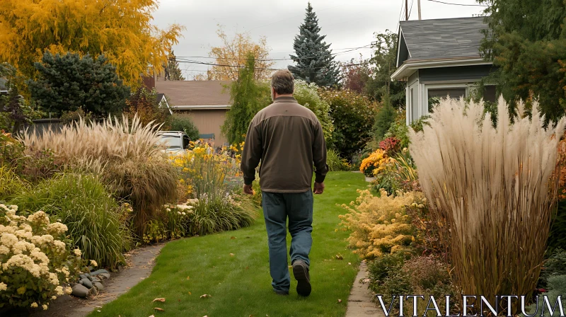 Man Walking in Autumn Garden AI Image