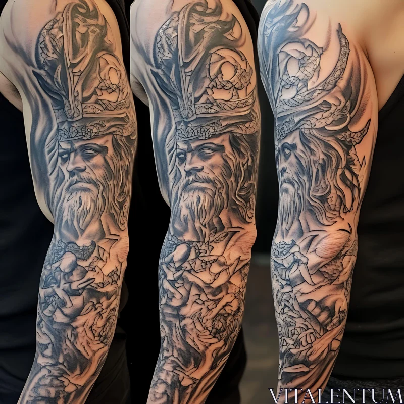 Intricate Bearded Warrior Arm Tattoo AI Image