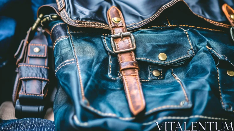Distressed Blue Leather Bag with Brown Strap - Close-Up Photo AI Image