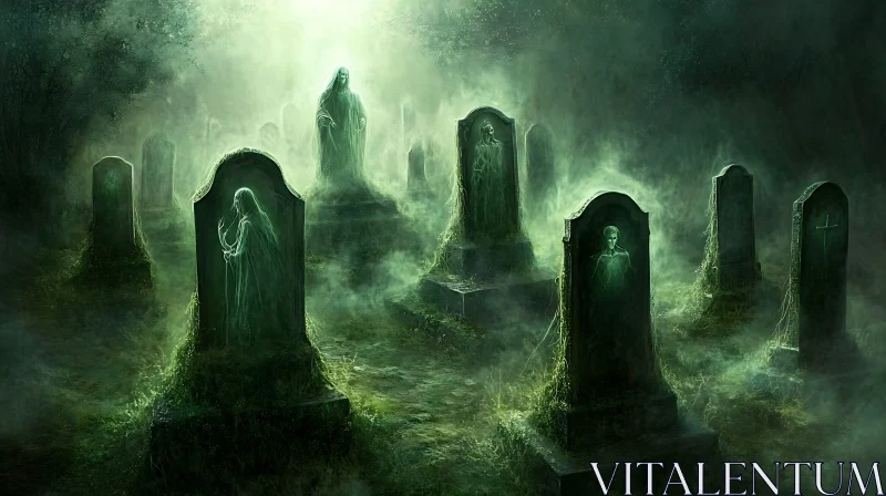 Foggy Graveyard with Spectral Apparitions AI Image