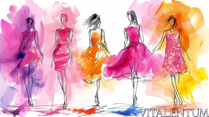 Elegant Watercolor Painting of Fashion Models in Colored Dresses AI Image