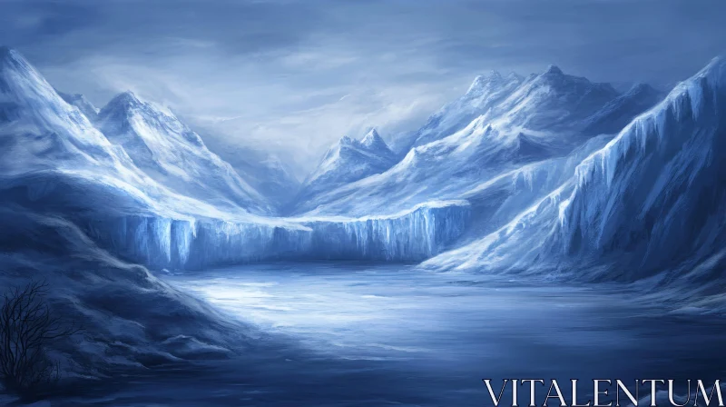 AI ART Snow-Capped Peaks and Frozen Lake in Winter