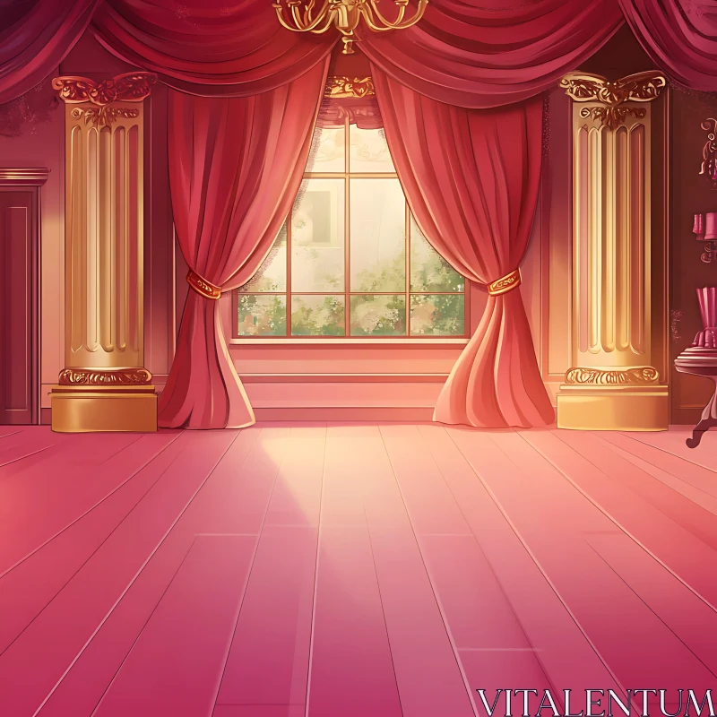 Pink Room with Golden Columns and Curtains AI Image