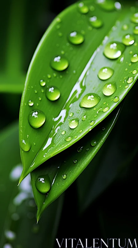 AI ART Tropical Green Leaf Wallpaper with Water Drops