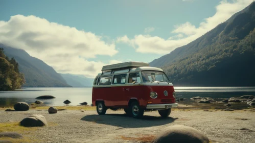 Vintage Red Volkswagen Van by the Serene Lake | Cinematic Aesthetics