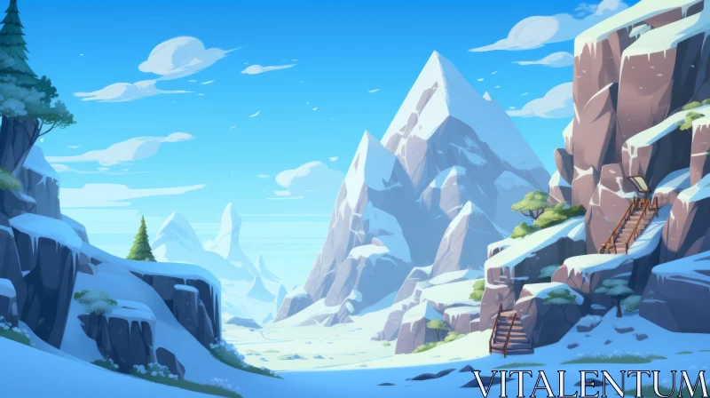 Winter Wonderland: Snow-covered Cartoon Mountain Landscape AI Image