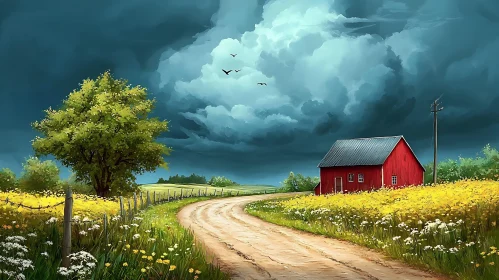 Rural Landscape with Flowers and Barn