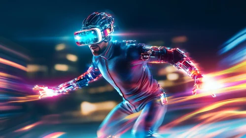 Man in VR Headset with Neon Lights