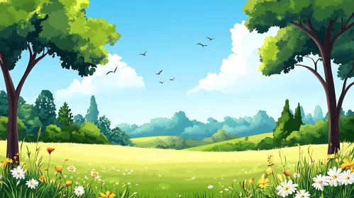 Cartoon Field with Flowers and Trees