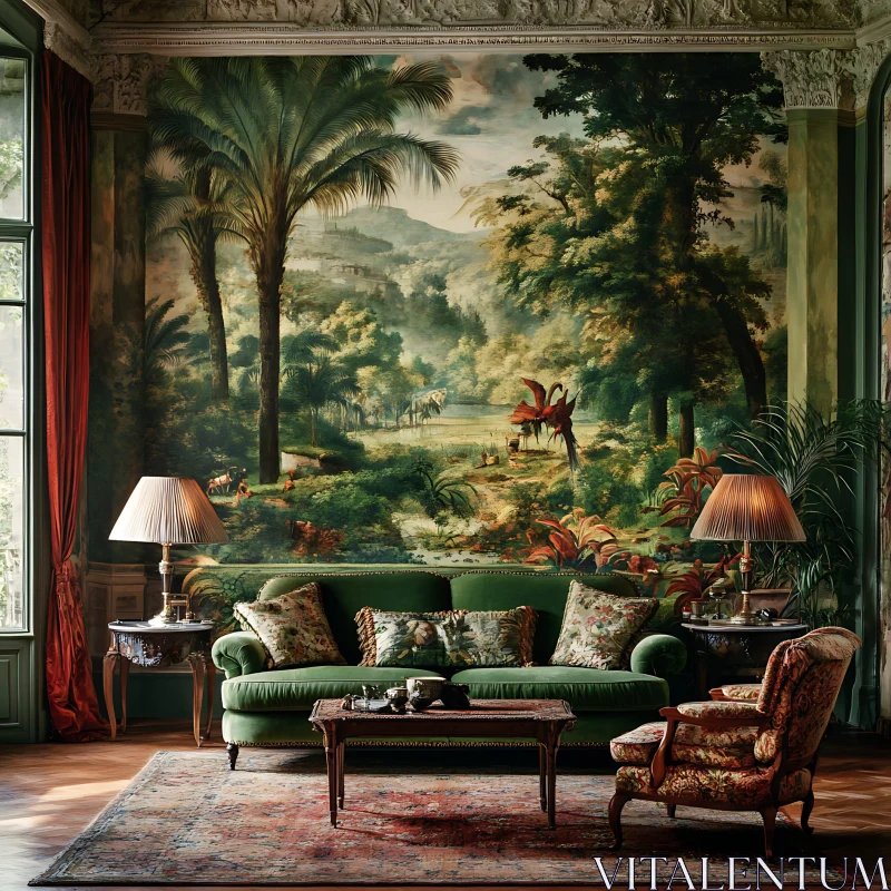 AI ART Green Sofa and Tropical Mural Interior