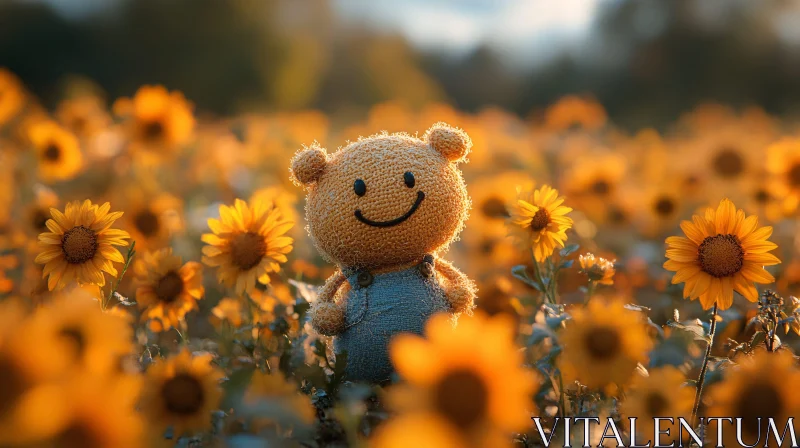 Smiling Teddy Among Golden Sunflowers AI Image