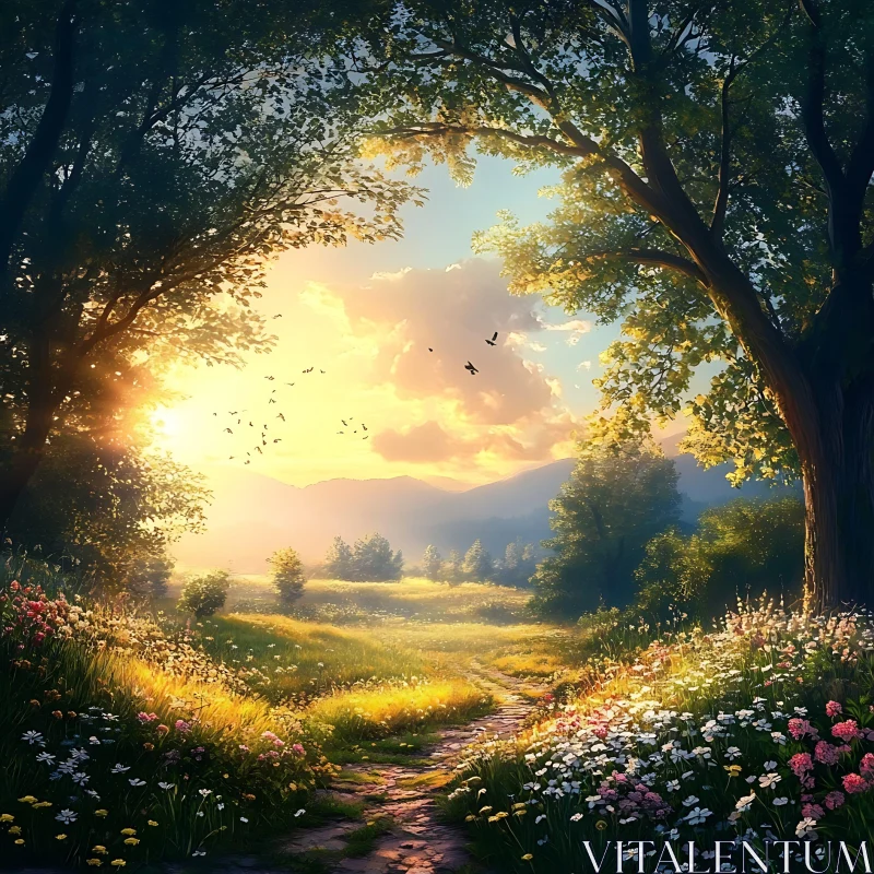 Sunlit Path Through a Flower Meadow AI Image