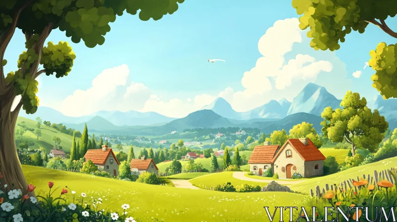 Idyllic Rural Scene with Distant Mountain View AI Image