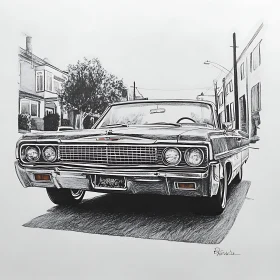 Monochrome Classic Car Street Drawing