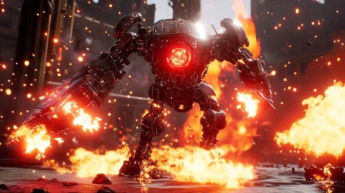 Fiery Robot in the City Ruins