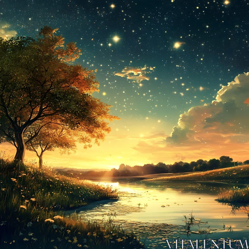 AI ART Starry Night Lake Sunset Landscape