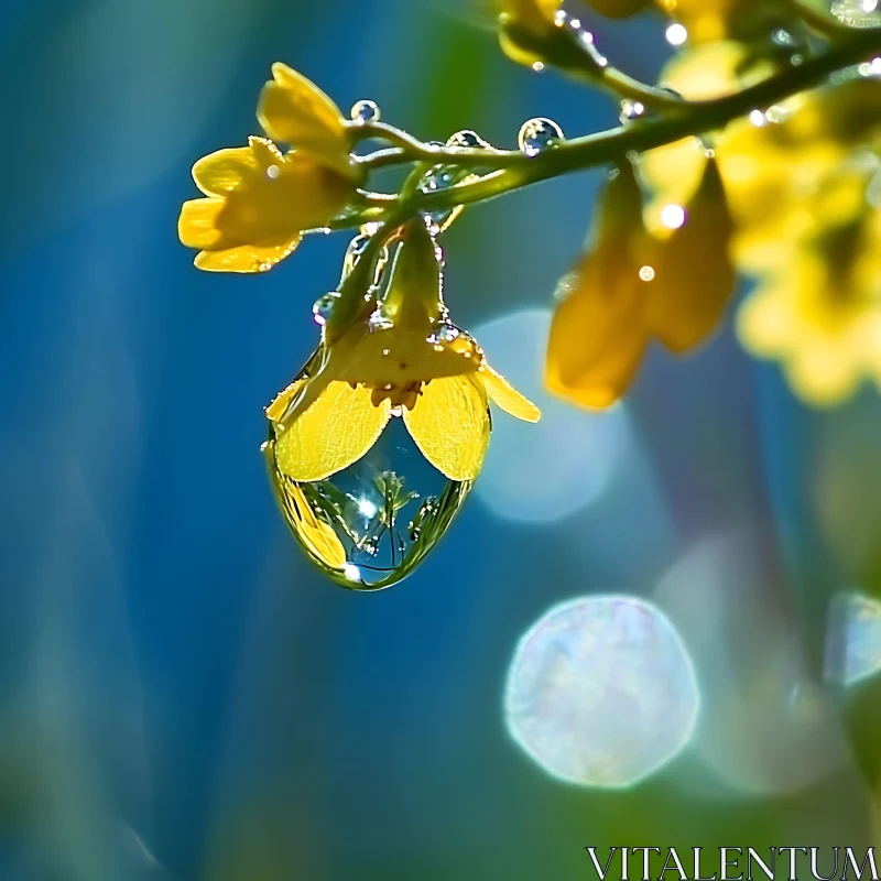 Yellow Flower with Captivating Dew Drop in Macro Photography AI Image