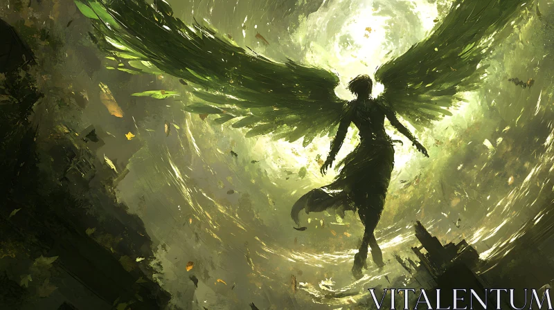 AI ART Winged Figure in Green Light