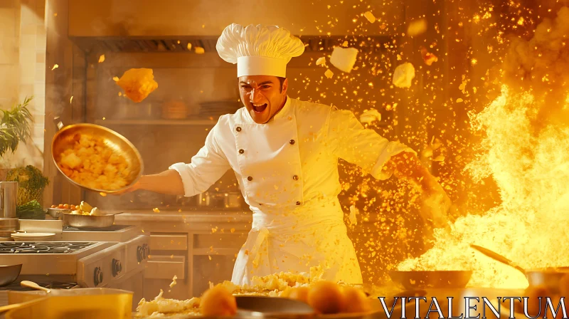 Chef Tossing Food with Flames in Kitchen AI Image