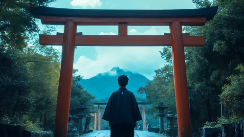 Contemplative Moment at Sacred Torii Gate