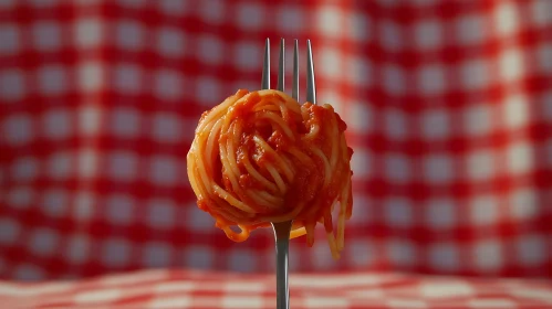 Italian Spaghetti on Fork with Red and White Checkered Pattern