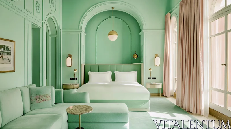 Calm Bedroom Interior in Mint Color AI Image